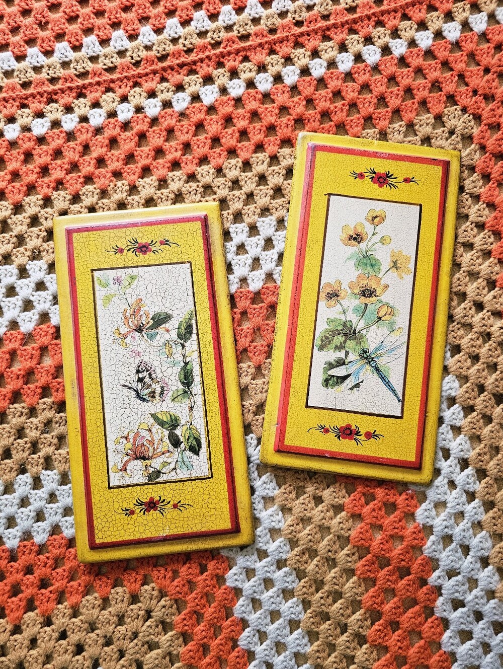60s/ 70s Butterfly Dragonfly Floral Vintage Wood Wall Art Wall Plaque Set Italy
